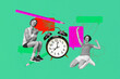 © deagreez - Pop zine full art photo collage of two happy girl guy business partners stand alarm clock deadline limit expire arrow development