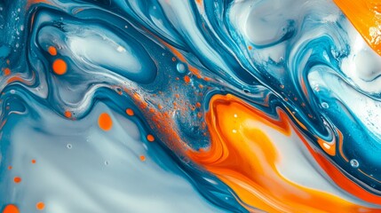 Wall Mural - abstract fluid texture in vibrant orange and bright blue flowing over light gray painted background 