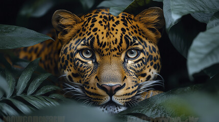 Canvas Print - leopard face in sharp focus surrounded by jungle foliage