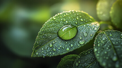 Wall Mural - water droplet on green leaf with morning dew, nature macro photography
