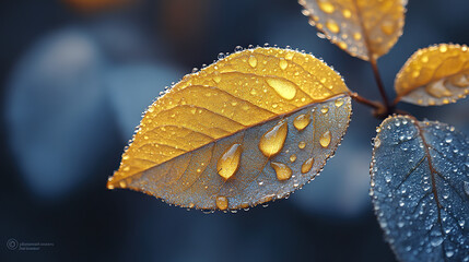 Wall Mural - golden leaf with dew drops in morning light
