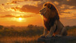 © Thanthara - Majestic lion sitting on rock during golden sunset, serene and powerful