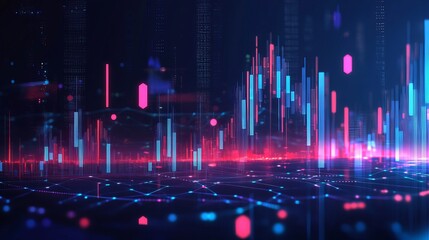 Wall Mural - abstract digital cityscape with vibrant neon data streams and financial charts red bars blue pink