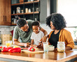 © Lumos sp - child family kitchen food boy son mother father breakfast preparing egg morning healthy diet eating home black african american father cooking parent cute meal kid