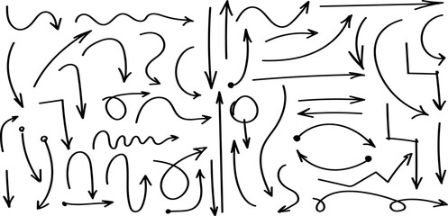 Fototapete - Arrow pen hand drawn sketch set. Collection of doodle drawn direction elements. Swipe up symbol, doodle line graphic design icon. Collection of vector doodle elements. Handwritten arrow. Illustration
