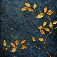 Golden Tree Branch on Textured Dark Blue Background: Elegant Art with Metallic Leaves