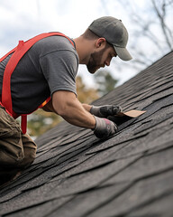 Wall Mural - Roofing contractor replacing shingles on a steep roof. Featuring care and attention to detail