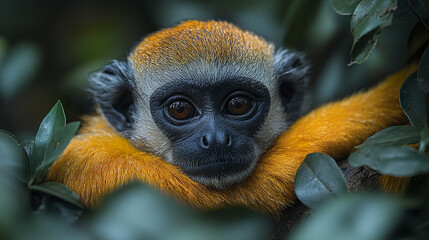 Canvas Print - tree dwelling primate with orange fur rests among lush green leaves