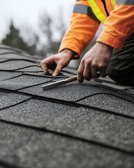 Wall Mural - Roofing worker inspecting a roof for damage. Featuring attention to detail and roof maintenance