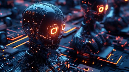 Futuristic robot head with glowing orange lights digital art ai 3d dark tech image cyborg modern