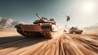 © NovaVision - A column of tanks moves quickly across a desert terrain, accompanied by military helicopters in the sky, during a military exercise.