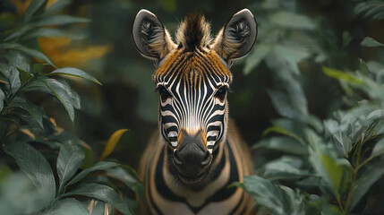Wall Mural - zebra standing calmly among lush jungle foliage