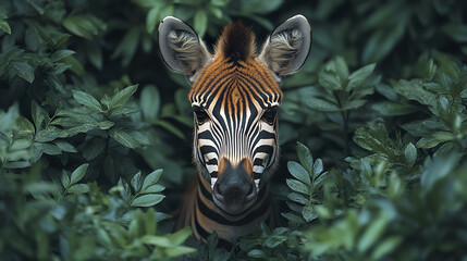 Wall Mural - zebra blending into lush jungle foliage, creating striking contrast