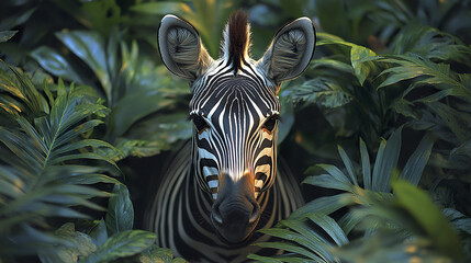 Canvas Print - zebra with strong light and shadow contrast surrounded by lush foliage