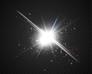 Wall Mural - bright white light explosion with lens flare, rainbow reflections, and sparkles on transparent backg
