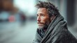 © NovaVision - A weathered man wrapped in a warm blanket gazes thoughtfully. The soft focus background adds depth, suggesting a moment of quiet contemplation on a chilly day.