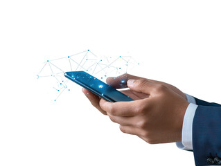 professional in a suit using cell phone for business communication and online tasks
