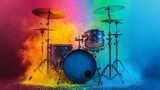 Colorful drum set surrounded by vibrant colored powder