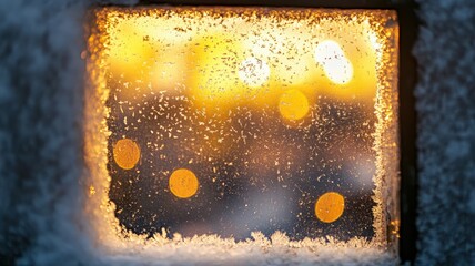 Poster - A square winter frame formed by frosty window edges covered in snowflakes and condensation, warm yellow fairy lights glowing around, soft blur, dreamy Christmas atmosphere