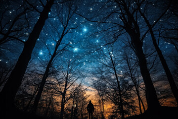 Person is standing in a forest at night, looking up at the stars. The sky is dark and the stars are shining brightly