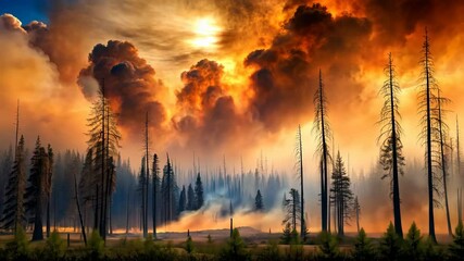 Poster - Fiery Sunset Over Forest Landscape with Smoke Filled Sky and Silhouetted Trees