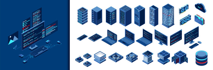 Wall Mural - set of isometric computer technology. isometric set server equipment. modern technology concept for 