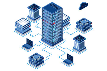 Wall Mural - computation of big data center. cloud computing. online devices upload and download information. iso