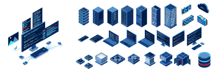 Wall Mural - set of isometric computer technology. isometric set server equipment. modern technology concept for 