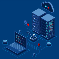 Wall Mural - cyber data security. internet security isometric concept. server room connected with laptop through 