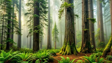 Poster - Enchanted Forest Majestic Trees and Lush Ferns in a Misty Woodland