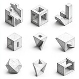 Geometric shapes in isometric projection.  A collection of various 3D forms, rendered in grayscale with intricate details.  Each shape presents a unique combination of planes and voids