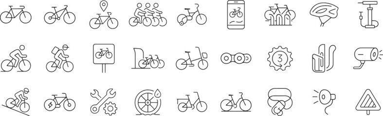 bicycle line icon set. vector pictograms of mountain bike parking, tracker, light, bell, group ride,