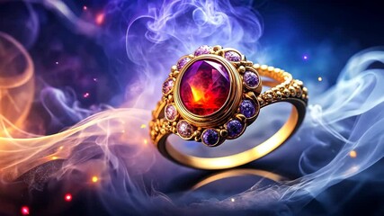 Aufkleber - Ornate Gold Ring with Red and Purple Gemstones on a Smoky Background