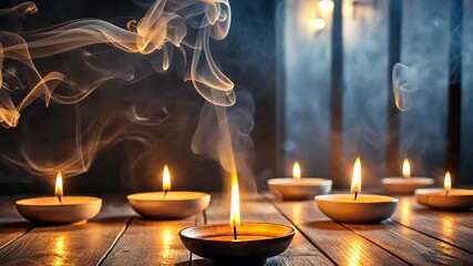 Poster - Tranquil scene of lit candles and wispy smoke rising in a dimly lit room
