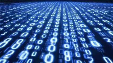 Binary data stream of glowing blue numbers representing digital coding and futuristic programming concepts
