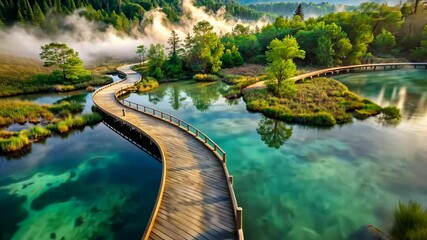 Poster - Serene boardwalk meanders through a tranquil landscape of lush greenery and crystal-clear waters