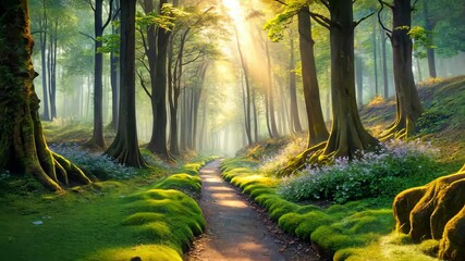 Poster - Enchanted Forest Path A Journey Through Magical Woods with Sunlight and Mist