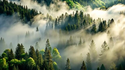 Poster - Misty Forest Sunrise A Breathtaking Aerial View of Nature's Majesty