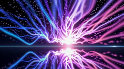Wall Mural - vibrant neon light trails exploding across reflective surface in dynamic motion