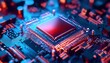 © Outkast - Microchip glows with red heat on circuit board, technological background blur