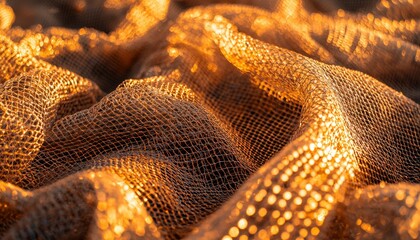 Golden Fabric Texturized cloth, shimmering with light, close-up macro with bokeh