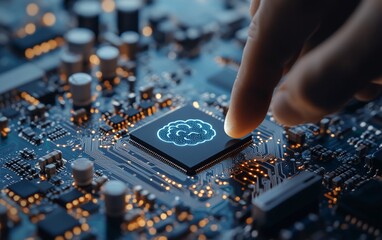 Hand touching a computer chip with a brain graphic