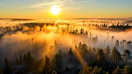 Poster - Golden Sunrise over Misty Forest Aerial View