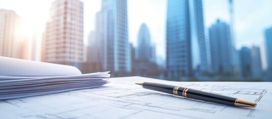 Architectural planning and design blueprints with pen in modern office, urban cityscape background