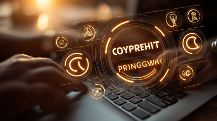 Wall Mural - hands typing on laptop with glowing digital interface showing copyright and intellectual property sy