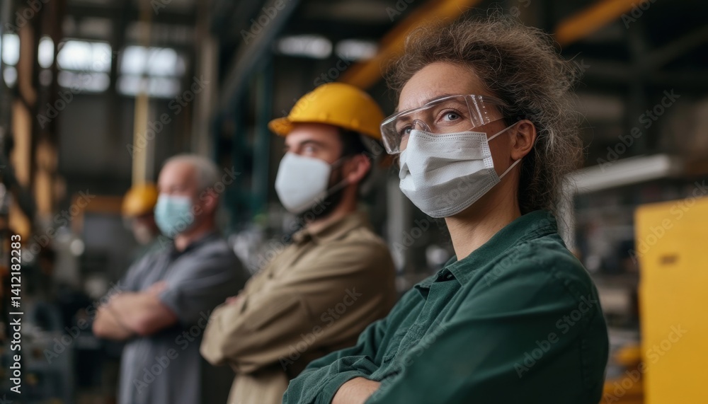 Safety Issue Factory Factory setting middle management figures wearing masks to cover safety ...