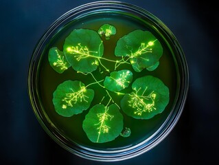 several green leaves arranged in a petri dish exhibit glowing green bio-luminescent or technological