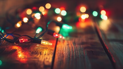 Wall Mural - colorful string lights glowing on wooden surface during festivities