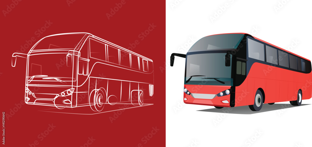 Bus frontal on going illustration side view with line art Stock Vector ...