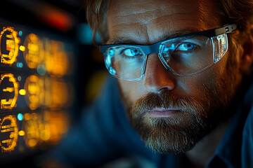 Focused developer working on a computer in a modern workspace, writing code and managing digital tasks, representing productivity and tech expertise